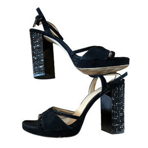 Michael Kors Black Strappy Heels with black crystal Embellished Block Heel